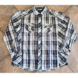 Men's SZ XXL Black Plaid Pearl Snap Button LS Western Style Shirt Pockets NICE